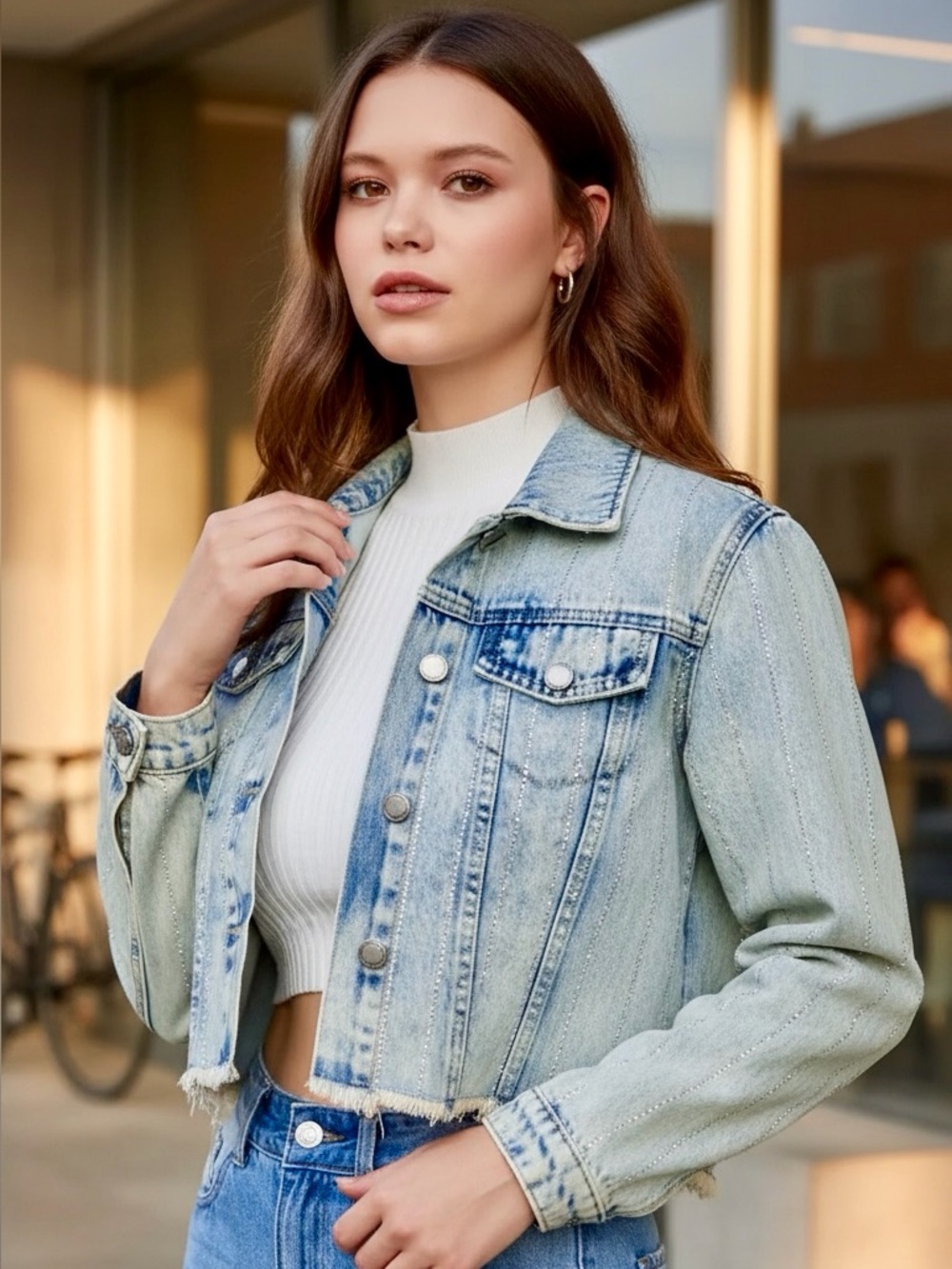 Striped Rhinestone Distressed Denim Jacket - Picture 9 of 12